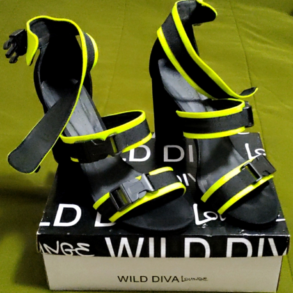 Neon and black heeled shoes